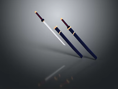 Japanese Samurai Swords With Blue Sheaths Red Handles And Sharp Blades 3d model