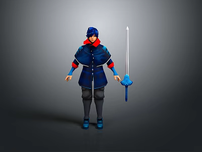 Man in Blue Outfit with Red Accents holding Long Sword Animated Character 3d model