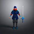 Man in Blue Outfit with Red Accents holding Long Sword Animated Character