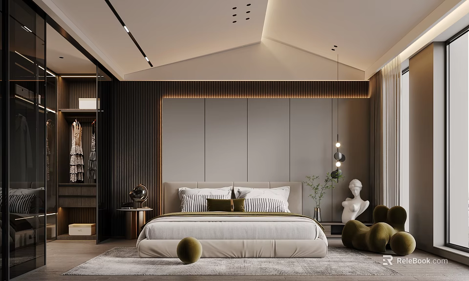 Elegant Modern Bedroom Interior With Upholstered Headboard Green Spherical Decor And Pendant Lights 3d model 