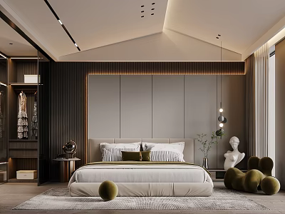 Elegant Modern Bedroom Interior With Upholstered Headboard Green Spherical Decor And Pendant Lights 3d model