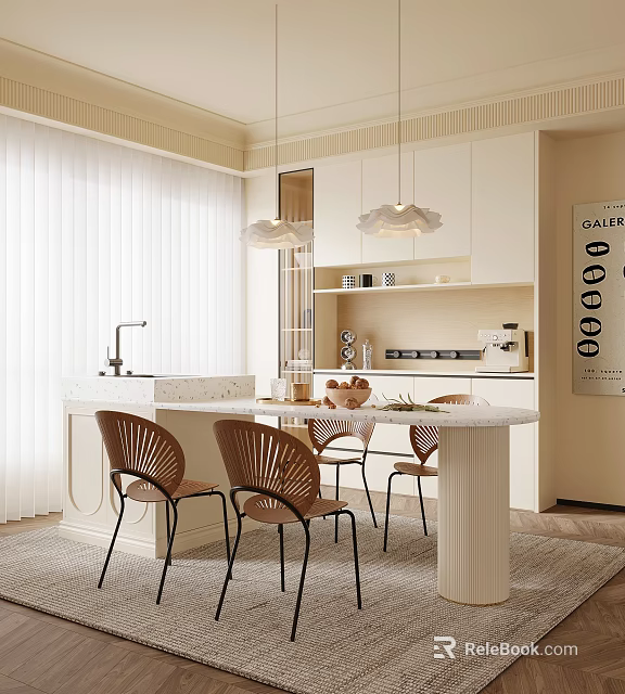 Modern Restaurant Interior With Marble Dining Table Woven Chairs Pendant Lights And White Cabinets 3d model 