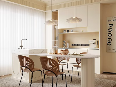 Modern Restaurant Interior With Marble Dining Table Woven Chairs Pendant Lights And White Cabinets 3d model