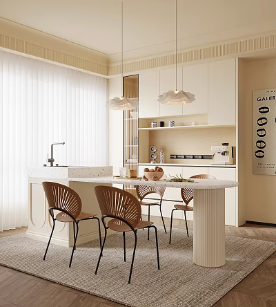 Modern Restaurant Interior With Marble Dining Table Woven Chairs Pendant Lights And White Cabinets 3d model