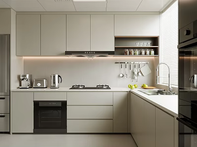 Modern Kitchen Interior With Light Cabinets Gas Stove Appliances Sink And Natural Light 3d model