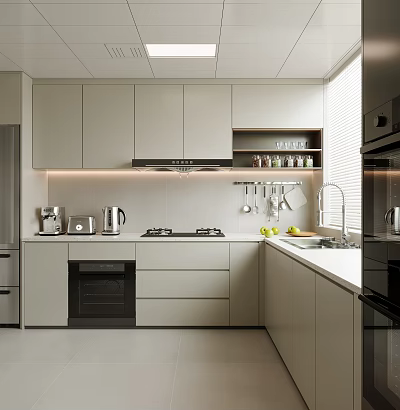 Modern Kitchen Interior With Light Cabinets Gas Stove Appliances Sink And Natural Light 3d model