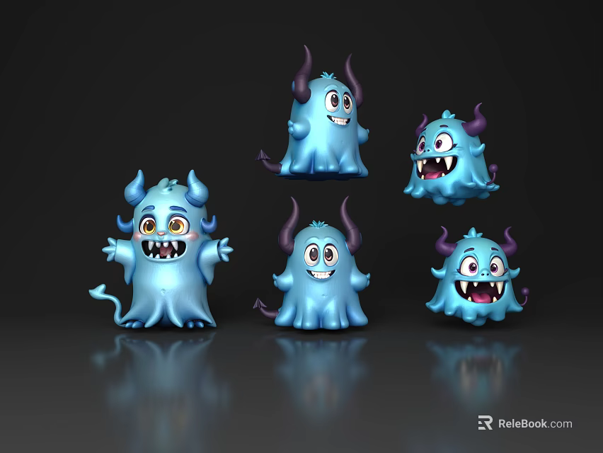 Blue Small Horned Monsters As Game Movie Characters With Various Expressions And Poses 3d model 
