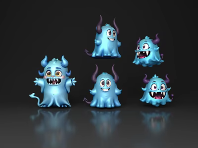 Blue Small Horned Monsters As Game Movie Characters With Various Expressions And Poses 3d model