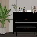 Elegant Black Piano and Wall Paintings with Green Plant Small Statues and Bench