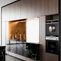 Modern Kitchen Interior With Wooden Cabinets Black Marble Countertop And Golden Backsplash