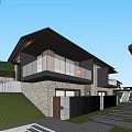 Modern Detached Villa With Stone Wall Glass Railing Balcony And Lawn Stone Path