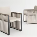 Two Modern Leisure Chairs With Vertical Slat Frame And Light Fabric Seat