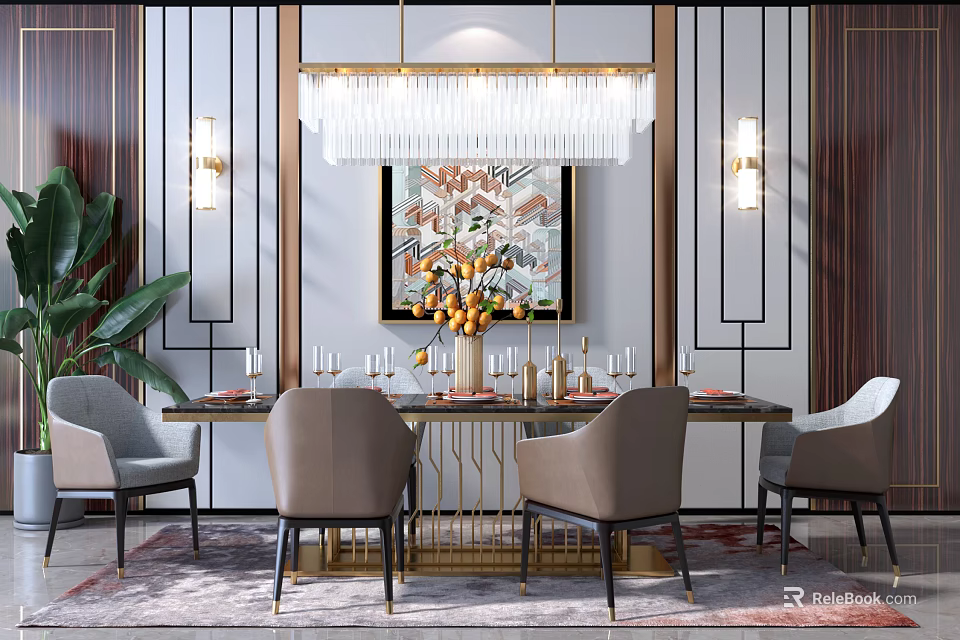 Elegant Dining Table Set With Chandelier Decorative Painting Chairs And Vase 3d model 