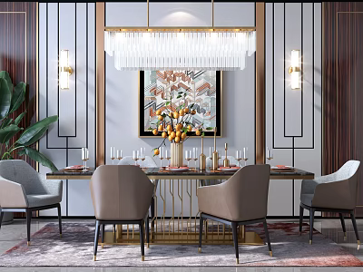 Elegant Dining Table Set With Chandelier Decorative Painting Chairs And Vase 3d model