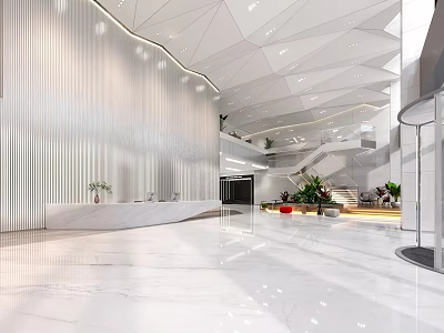 Sleek Bright Modern Office Lobby Reception With Marble Counter And Stylish Geometric Ceiling Design 3d model