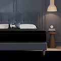 Double Bed With Gray Headboard Dark Blue Walls Pendant Lights Nightstands Flowers Rug Wooden Floor