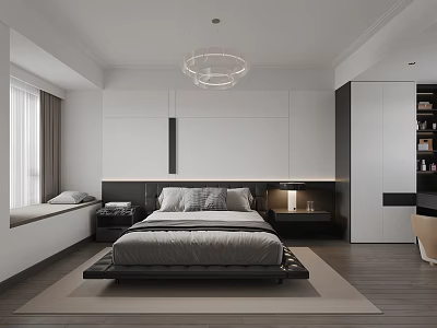Modern Bedroom Interior Design With Gray Bedding Wooden Flooring And Bay Window Seat 3d model