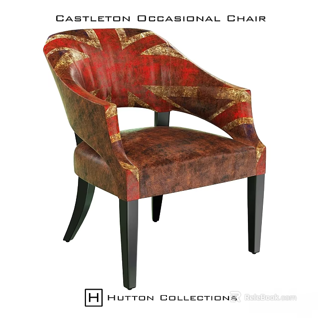 Red And Gold Accent Chair With Leather Upholstery And Black Wooden Legs 3d model 
