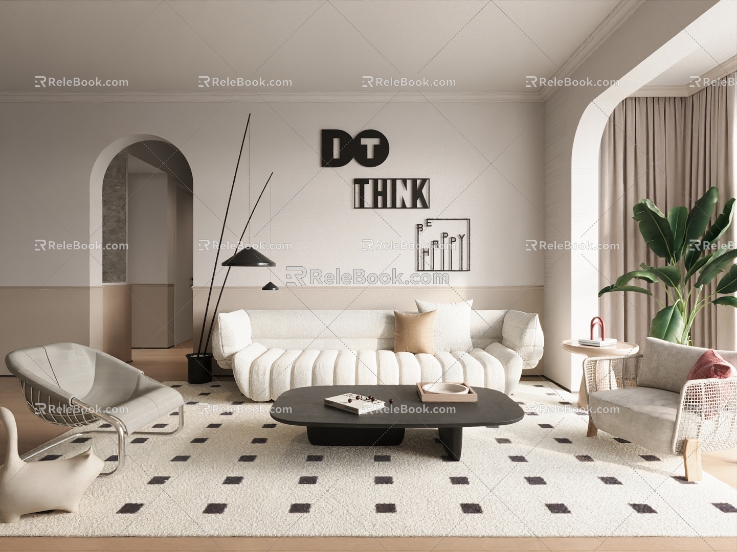 Modern Cream Home Living Room Sofa Coffee Table Combination 3d model