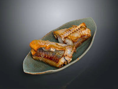 Grilled Golden Fish Served on Green Plate with Dark Background 3d model