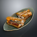 Grilled Golden Fish Served on Green Plate with Dark Background 3d model