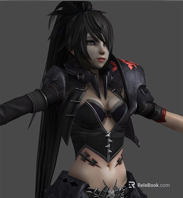 Game And Movie Character With Long Black Hair In Black Leather Outfit And Red Accents 3d model 