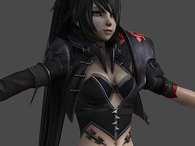 Game And Movie Character With Long Black Hair In Black Leather Outfit And Red Accents 3d model