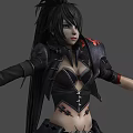 Game And Movie Character With Long Black Hair In Black Leather Outfit And Red Accents