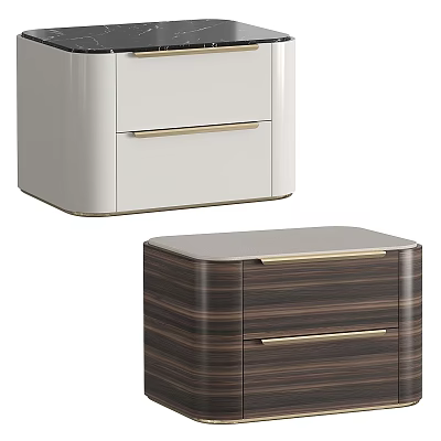 Modern Bedside Tables with White and Dark Wood Grain Design and Gold Handles 3d model