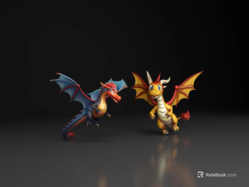 Two Colorful Cartoon Dragons As Flying Animals With Blue Red Yellow Orange Wings And Horns 3d model 