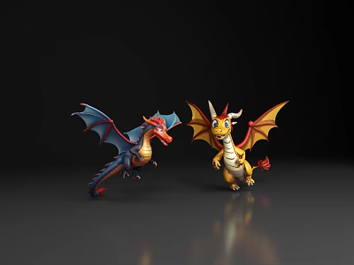 Two Colorful Cartoon Dragons As Flying Animals With Blue Red Yellow Orange Wings And Horns 3d model