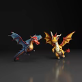 Two Colorful Cartoon Dragons As Flying Animals With Blue Red Yellow Orange Wings And Horns