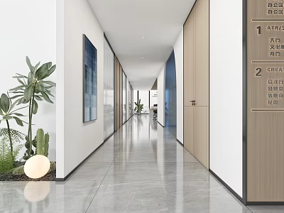 Modern Office Corridor With Gray Polished Floor Wooden Doors Glass Partitions And Green Plants 3d model