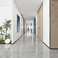 Modern Office Corridor With Gray Polished Floor Wooden Doors Glass Partitions And Green Plants