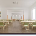 Bright Dining Room Interior With Long Tables Green Chairs Orange Pillars Wooden Flooring And Posters