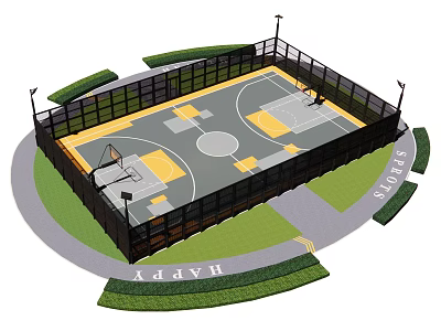 Outdoor Basketball Court Enclosed With Fence And Lighting Poles Surrounding Greenery 3d model