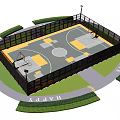 Outdoor Basketball Court Enclosed With Fence And Lighting Poles Surrounding Greenery
