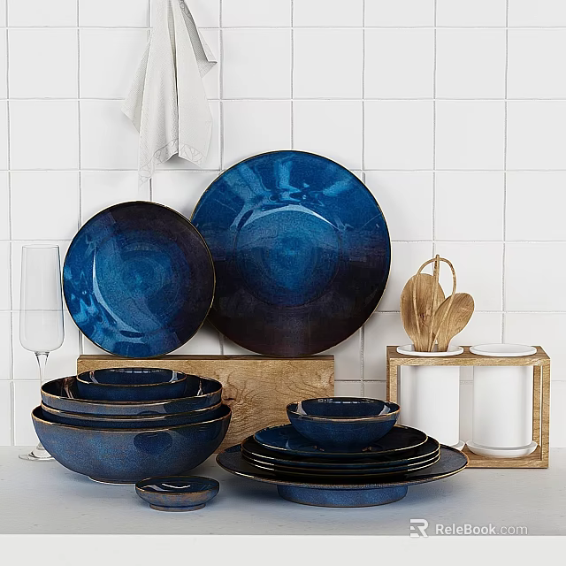 Blue Dinnerware Set With Stacked Plates Bowls And Wooden Tray Against White Tiled Kitchen Wall 3d model 