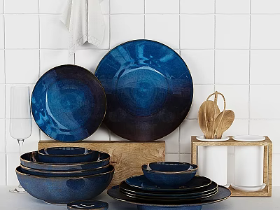 Blue Dinnerware Set With Stacked Plates Bowls And Wooden Tray Against White Tiled Kitchen Wall 3d model
