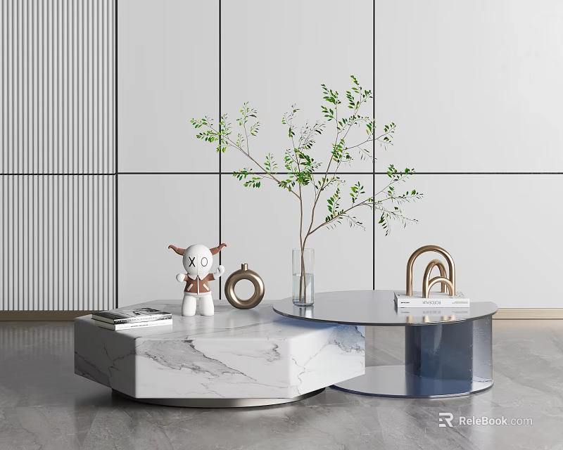Modern Hexagonal Marble Round Coffee Tables With Bear Doll Green Plant Golden Decor Books 3d model 