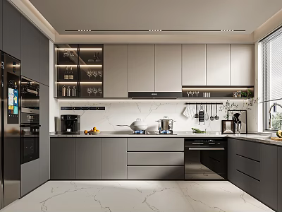 Modern Kitchen Interior Design With Marble Countertop Cabinets And Stainless Steel Appliances 3d model