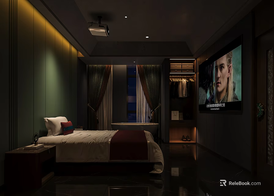 Modern Bedroom Interior With Bed TV Projector Curtains Shelves And Ambient Lighting 3d model 