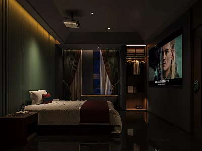 Modern Bedroom Interior With Bed TV Projector Curtains Shelves And Ambient Lighting 3d model
