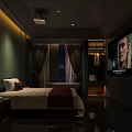 Modern Bedroom Interior With Bed TV Projector Curtains Shelves And Ambient Lighting