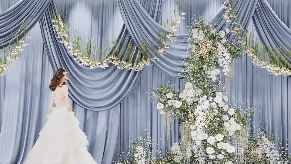Bridal Photo Check In Spot With Blue Curtain White Flowers And Greenery Decorations 3d model 