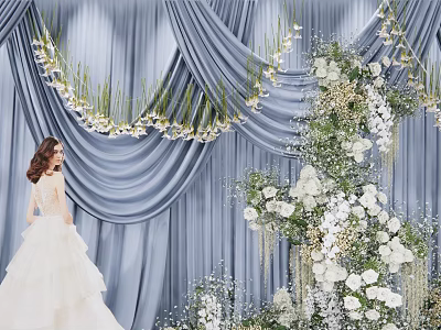 Bridal Photo Check In Spot With Blue Curtain White Flowers And Greenery Decorations 3d model