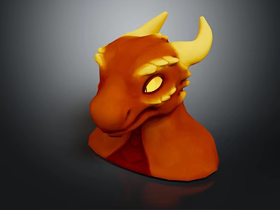 Detailed 3D Dragon Head Model Orange Colored With Yellow Horns And Glowing Eyes 3d model