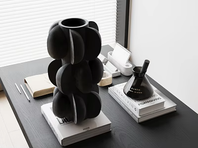Modern Black Layered Decorative Ornament Set On Books With Small Bottle On Desk 3d model