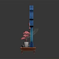 Decorative Blue Arched Structure With Fish Fin Decorations Pink Flowers Incense Burner On Wooden Base