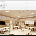 Modern Kindergarten Classroom Interior Design With Tables Chairs Windows And Lighting 3d model